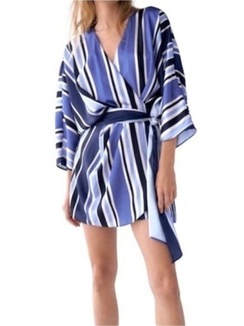 Zara Satin Striped Skort Romper Blue White Wrap V Neck NWT Size Small